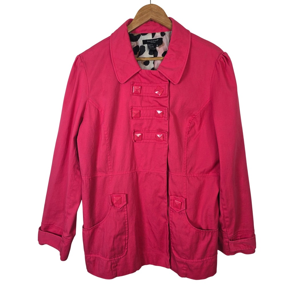 Sandro Sportswear Womens XL Pink Cotton Utility Jacket Leopard Print Lining Bold